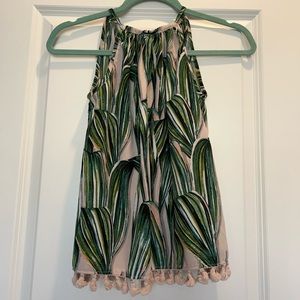 Japna Palm Tree Print Halter Tie Top with Tassels, Size XS